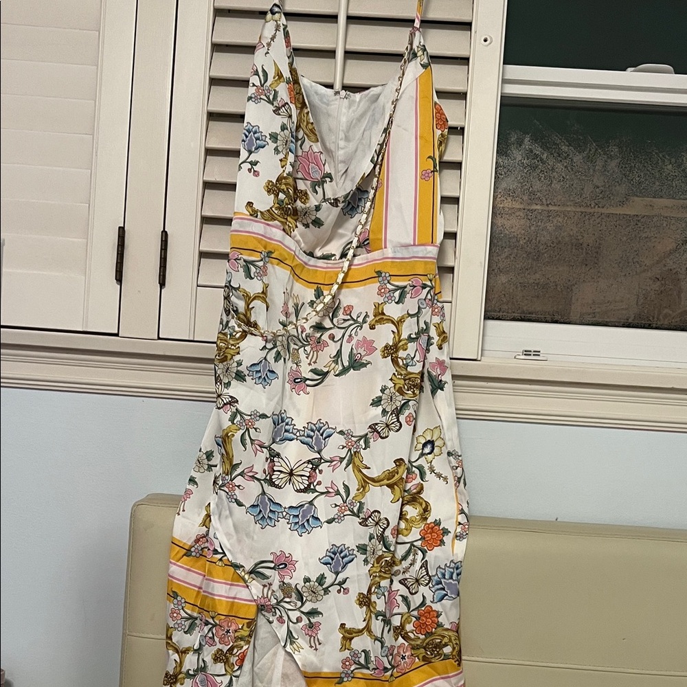 Floral Satin Slip Dress with Side Slit - White/Yellow